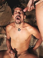 Suffocated in latex and throat probed with cocks by his tranny overlords